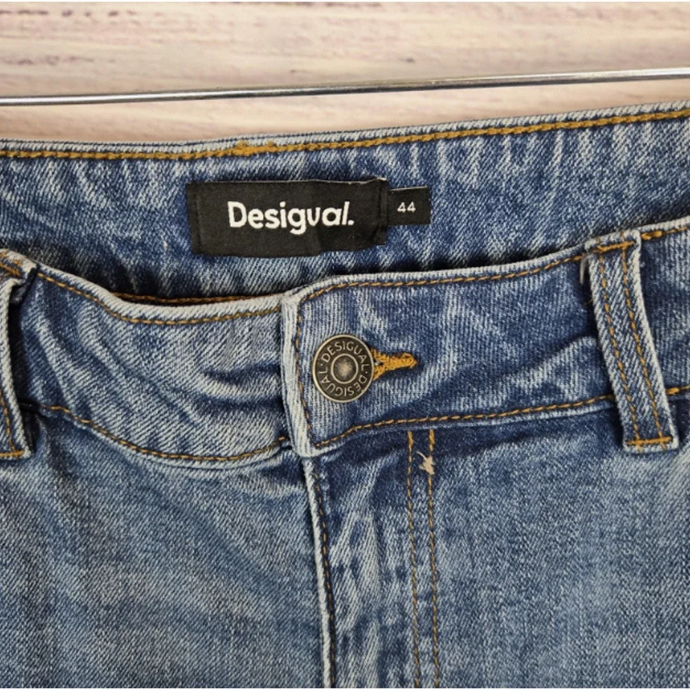 Desigual Women's Wide Leg Jeans US (12) High Waist Crop Med Rinse Preppy Boho